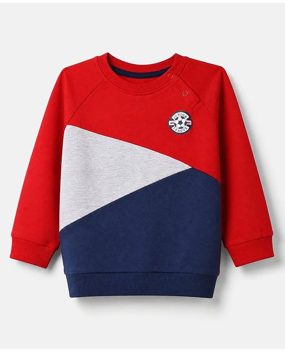 Babyhug 100% Cotton Terry Knit Full Raglan Sleeves Cut & Sew T-Shirt and Jogger with Soccer Junior League Patch - Red