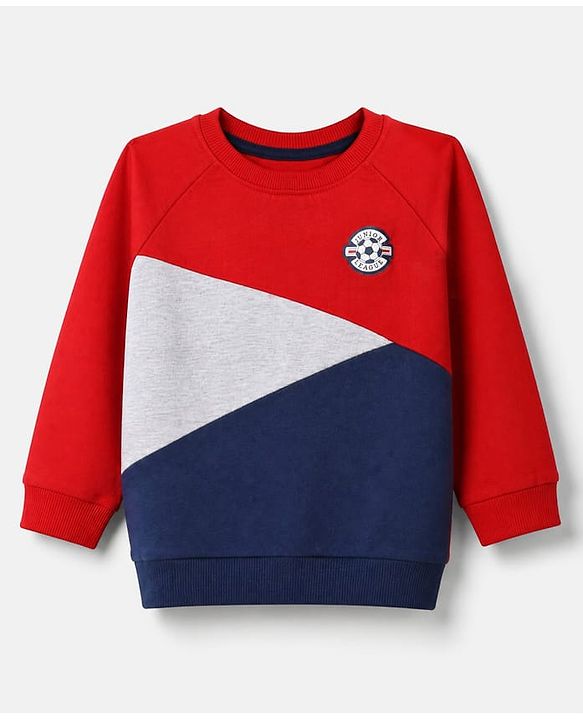 Babyhug 100% Cotton Terry Knit Full Raglan Sleeves Cut & Sew T-Shirt and Jogger with Soccer Junior League Patch - Red