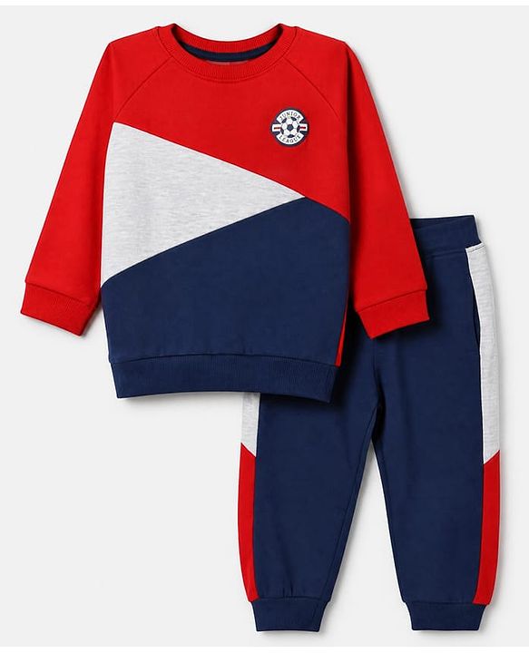 Babyhug 100% Cotton Terry Knit Full Raglan Sleeves Cut & Sew T-Shirt and Jogger with Soccer Junior League Patch - Red