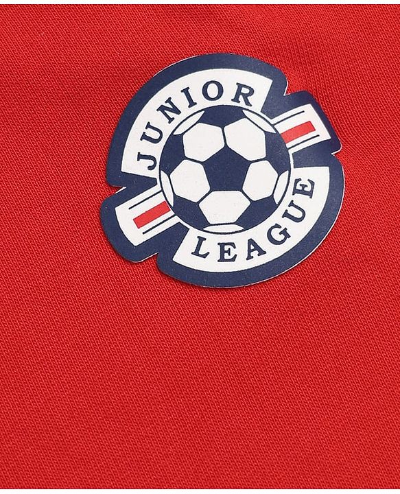 Babyhug 100% Cotton Terry Knit Full Raglan Sleeves Cut & Sew T-Shirt and Jogger with Soccer Junior League Patch - Red