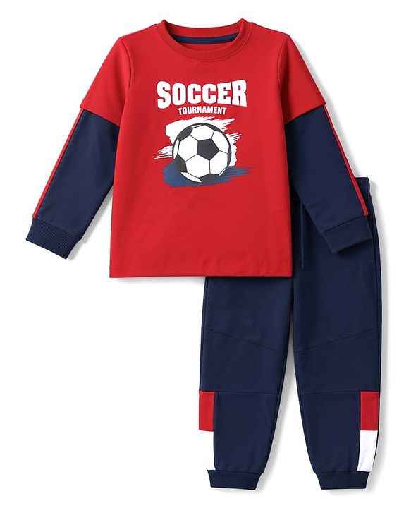 Babyhug 100% Cotton Terry Knit Full Sleeves T-Shirt With Text Print & Joggers Set - Red