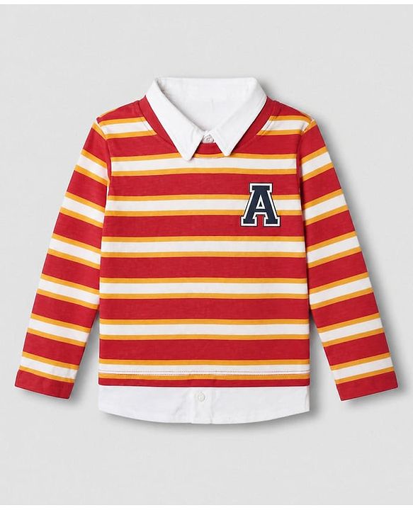 Babyhug 100% Cotton Terry Knit Full Sleeves Striped T-Shirt & Joggers Set - Red
