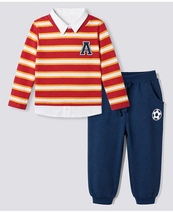 Babyhug 100% Cotton Terry Knit Full Sleeves Striped T-Shirt & Joggers Set - Red