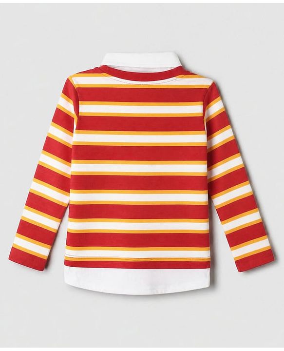Babyhug 100% Cotton Terry Knit Full Sleeves Striped T-Shirt & Joggers Set - Red