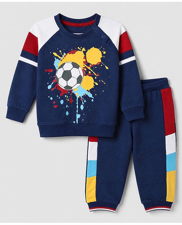 Babyhug 100% Cotton Terry Knit Full Sleeves T-Shirt and Joggers Set with Football Print - Navy Blue