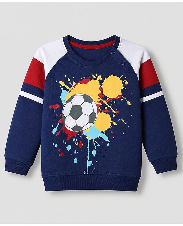 Babyhug 100% Cotton Terry Knit Full Sleeves T-Shirt and Joggers Set with Football Print - Navy Blue