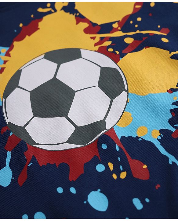 Babyhug 100% Cotton Terry Knit Full Sleeves T-Shirt and Joggers Set with Football Print - Navy Blue