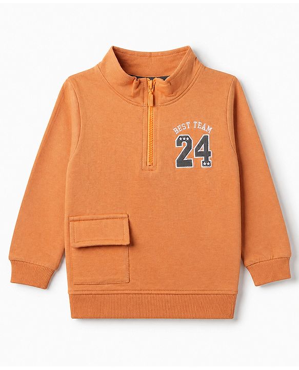Babyhug 100% Cotton Terry Full Sleeves T-Shirt and Pant Set with Best Team 24 Embroidery - Brown