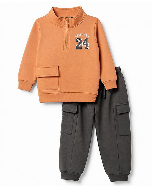 Babyhug 100% Cotton Terry Full Sleeves T-Shirt and Pant Set with Best Team 24 Embroidery - Brown