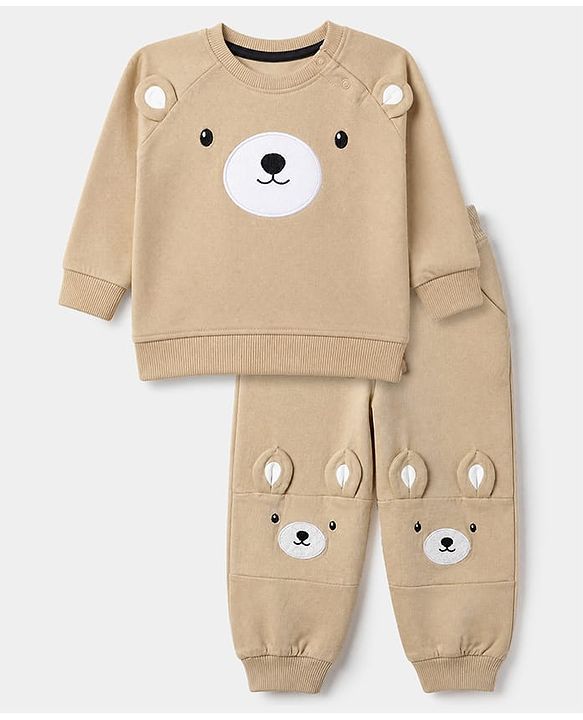 Babyhug 100% Cotton Terry Knit Full Sleeves Sweatshirt and Jogger with Bear Applique - Beige