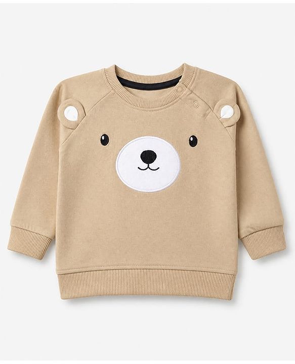 Babyhug 100% Cotton Terry Knit Full Sleeves Sweatshirt and Jogger with Bear Applique - Beige