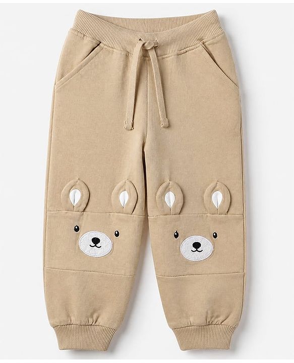 Babyhug 100% Cotton Terry Knit Full Sleeves Sweatshirt and Jogger with Bear Applique - Beige