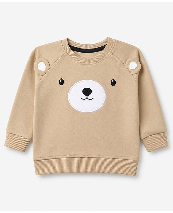 Babyhug 100% Cotton Terry Knit Full Sleeves Sweatshirt and Jogger with Bear Applique - Beige