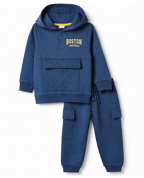 Babyhug 100% Cotton Terry Full Sleeves T-Shirt and Pant with Full Length and Boston Print in Blue for 12-18 Months