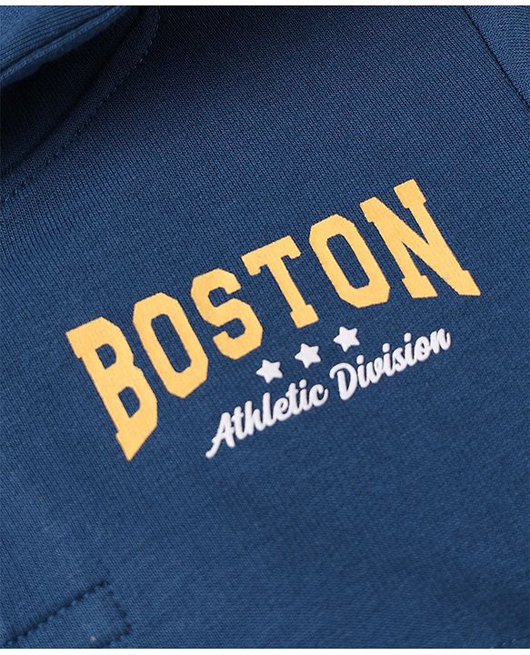 Babyhug 100% Cotton Terry Full Sleeves T-Shirt and Pant with Full Length and Boston Print in Blue for 12-18 Months