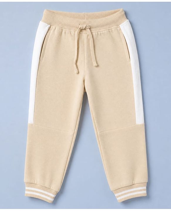 Babyhug 100% Cotton Terry Knit Full Sleeves Hooded Sweatjacket & Joggers Set With Varsity Print - Beige