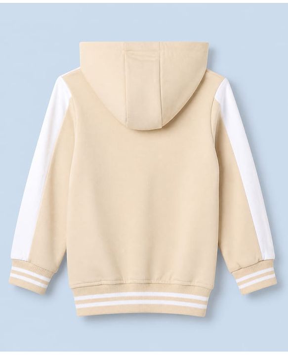 Babyhug 100% Cotton Terry Knit Full Sleeves Hooded Sweatjacket & Joggers Set With Varsity Print - Beige