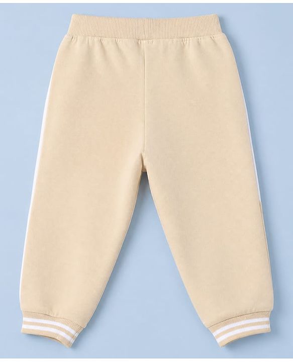 Babyhug 100% Cotton Terry Knit Full Sleeves Hooded Sweatjacket & Joggers Set With Varsity Print - Beige
