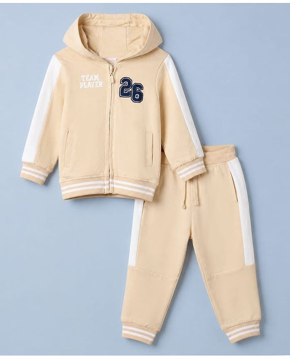 Babyhug 100% Cotton Terry Knit Full Sleeves Hooded Sweatjacket & Joggers Set With Varsity Print - Beige