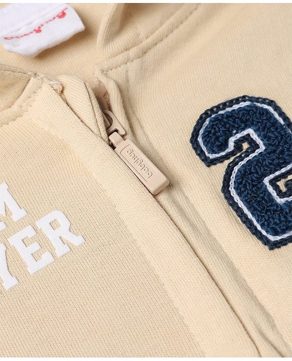 Babyhug 100% Cotton Terry Knit Full Sleeves Hooded Sweatjacket & Joggers Set With Varsity Print - Beige