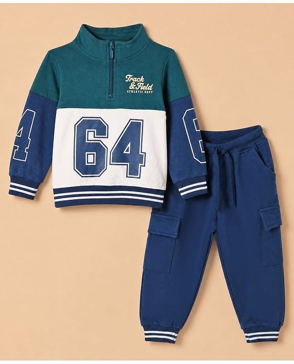Babyhug 100% Cotton Terry Knit Full Sleeves Sweatshirt and Joggers Set with Varsity Print - Blue
