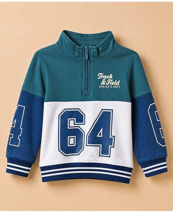 Babyhug 100% Cotton Terry Knit Full Sleeves Sweatshirt and Joggers Set with Varsity Print - Blue