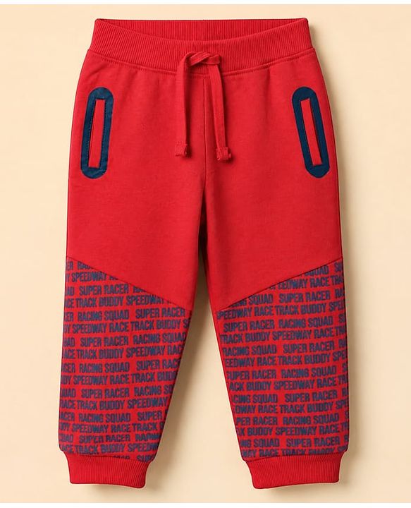 Babyhug 100% Cotton Terry Knit Half Sleeves T-Shirt & Joggers Set With Car & Text Print - White & Red