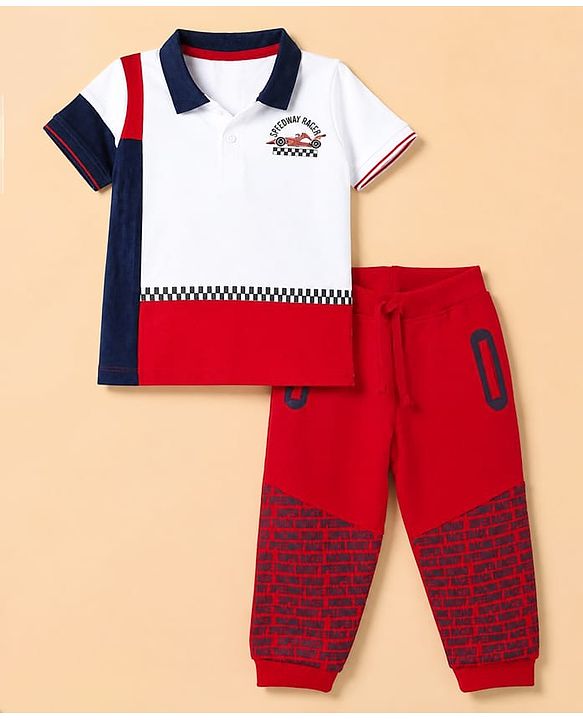 Babyhug 100% Cotton Terry Knit Half Sleeves T-Shirt & Joggers Set With Car & Text Print - White & Red