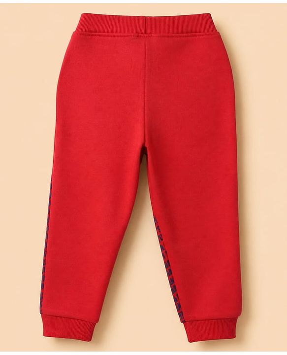 Babyhug 100% Cotton Terry Knit Half Sleeves T-Shirt & Joggers Set With Car & Text Print - White & Red