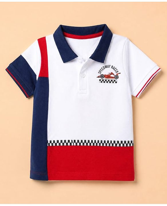 Babyhug 100% Cotton Terry Knit Half Sleeves T-Shirt & Joggers Set With Car & Text Print - White & Red