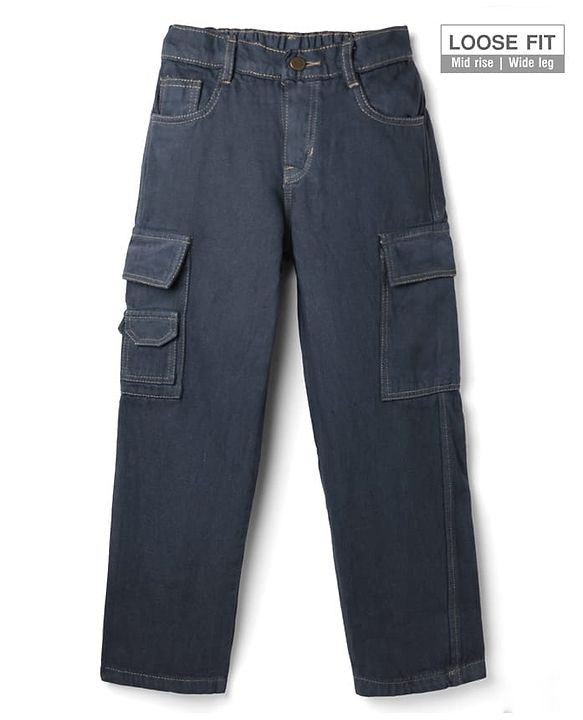 Pine Kids Denim Woven Full Length Jeans With Cargo Pockets in Navy Blue