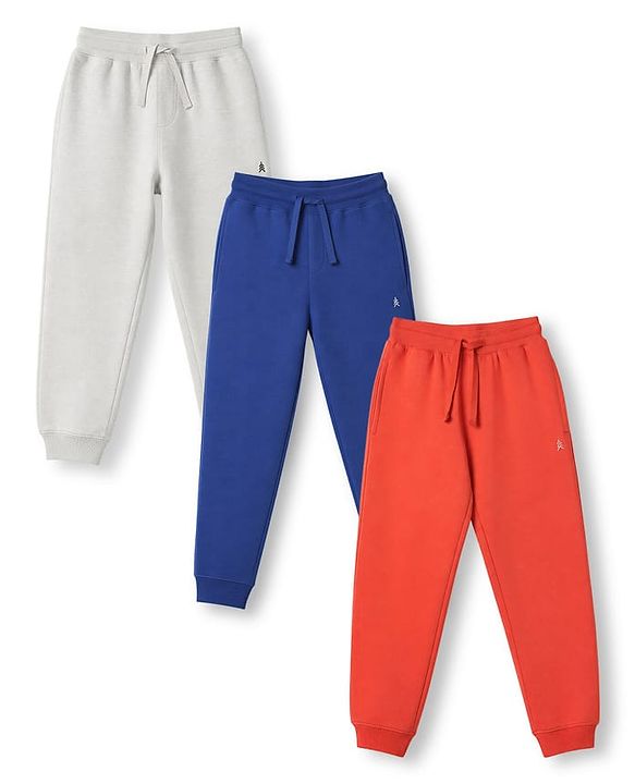 Pine Kids Cotton Knit Full Length Solid Lounge Pants Pack Of 3 - White, Blue & Red