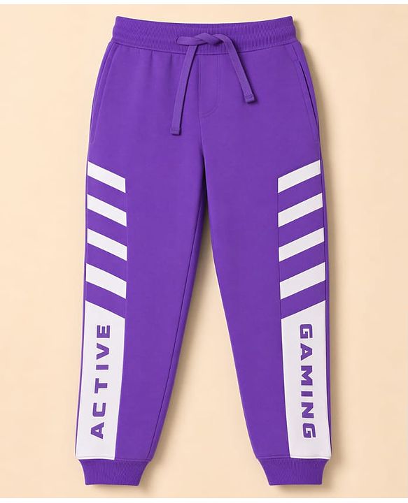 Pine Kids Cotton Knit Full Length Lounge & Track Pant With Text Print - Purple