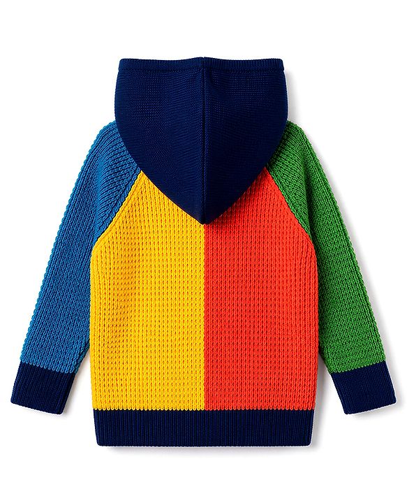 Babyhug Knit Full Sleeves Hooded Front Open Sweater With Cable Knit Design & Patch - Red & Yellow
