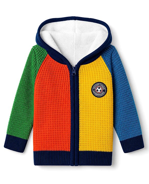 Babyhug Knit Full Sleeves Hooded Front Open Sweater With Cable Knit Design & Patch - Red & Yellow