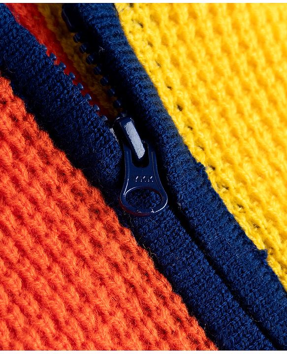 Babyhug Knit Full Sleeves Hooded Front Open Sweater With Cable Knit Design & Patch - Red & Yellow