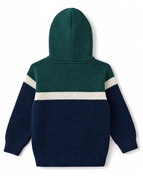 Babyhug Knit Full Sleeves Hooded Sweaters With Patch - Green & Navy Blue