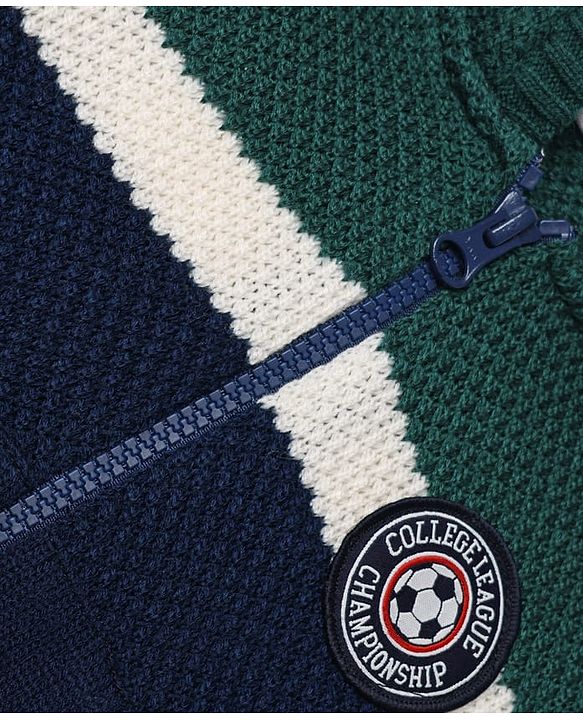 Babyhug Knit Full Sleeves Hooded Sweaters With Patch - Green & Navy Blue