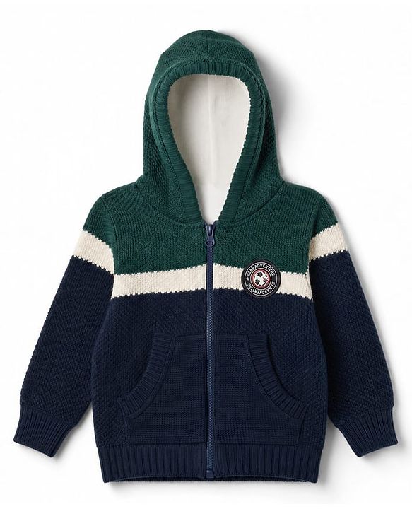 Babyhug Knit Full Sleeves Hooded Sweaters With Patch - Green & Navy Blue