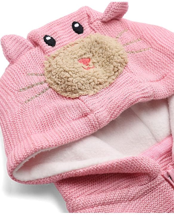 Babyhug Knit Full Sleeves Hooded Sweater with Puppy Applique - Pink