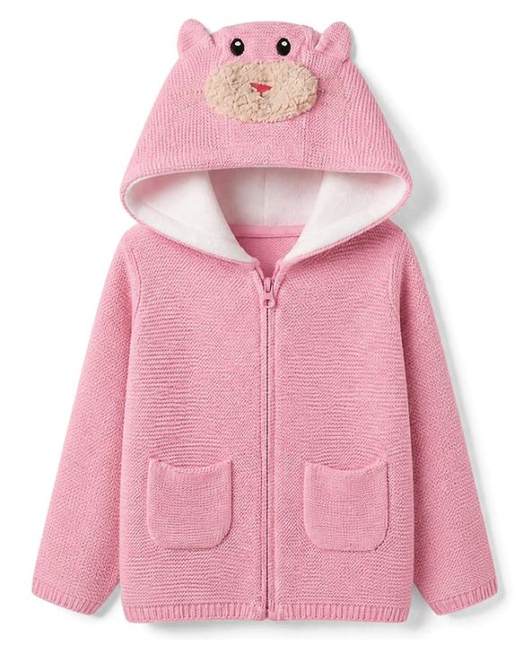 Babyhug Knit Full Sleeves Hooded Sweater with Puppy Applique - Pink
