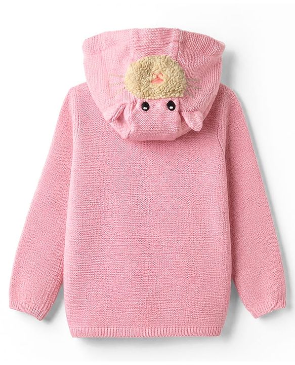 Babyhug Knit Full Sleeves Hooded Sweater with Puppy Applique - Pink