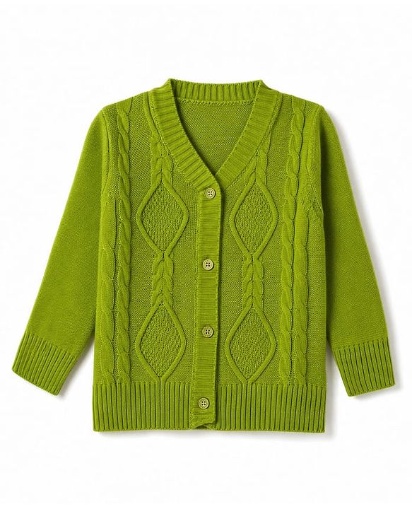 Babyhug Knit Full Sleeves Front Open Sweaters with Cable Knit Design - Green