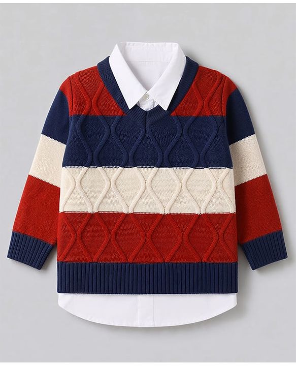 Babyhug Knit Full Sleeves Striped Pullover - Navy Blue