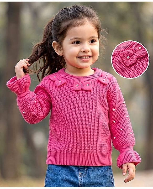Babyhug Knit Full Sleeves Solid Colour Pullover with Bow Design  & Beads Embellished - Pink