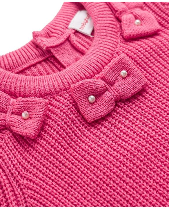 Babyhug Knit Full Sleeves Solid Colour Pullover with Bow Design  & Beads Embellished - Pink