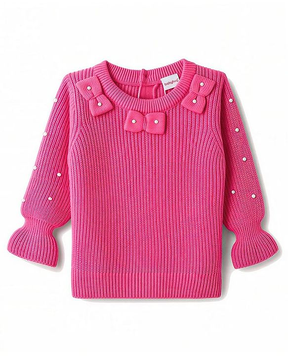 Babyhug Knit Full Sleeves Solid Colour Pullover with Bow Design  & Beads Embellished - Pink