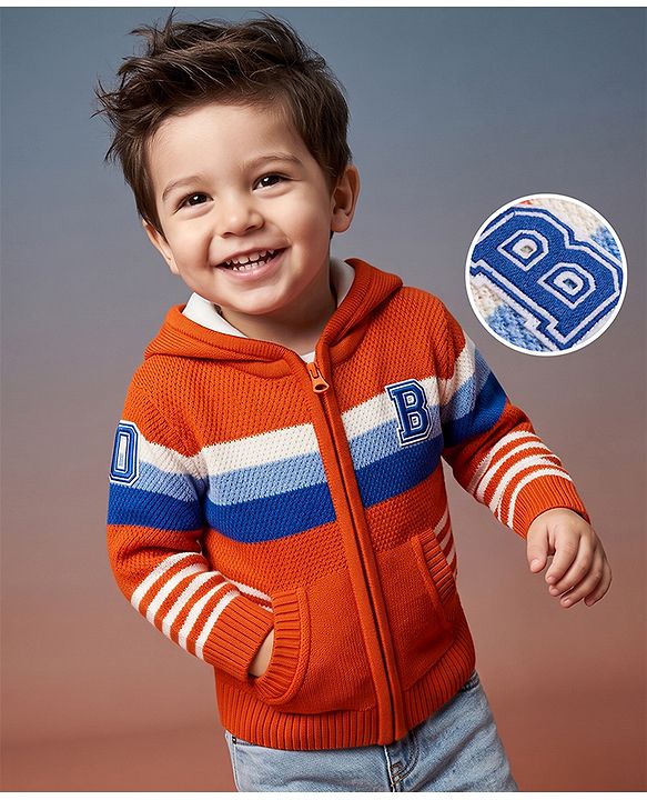 Babyhug Knit Full Sleeves Hooded Striped Sweater With Kangaroo Pockets - Orange