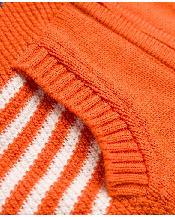 Babyhug Knit Full Sleeves Hooded Striped Sweater With Kangaroo Pockets - Orange