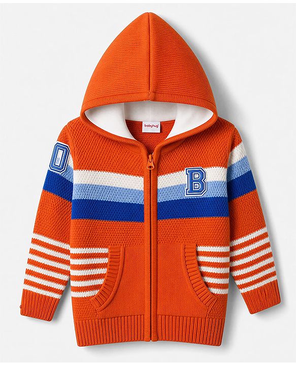 Babyhug Knit Full Sleeves Hooded Striped Sweater With Kangaroo Pockets - Orange